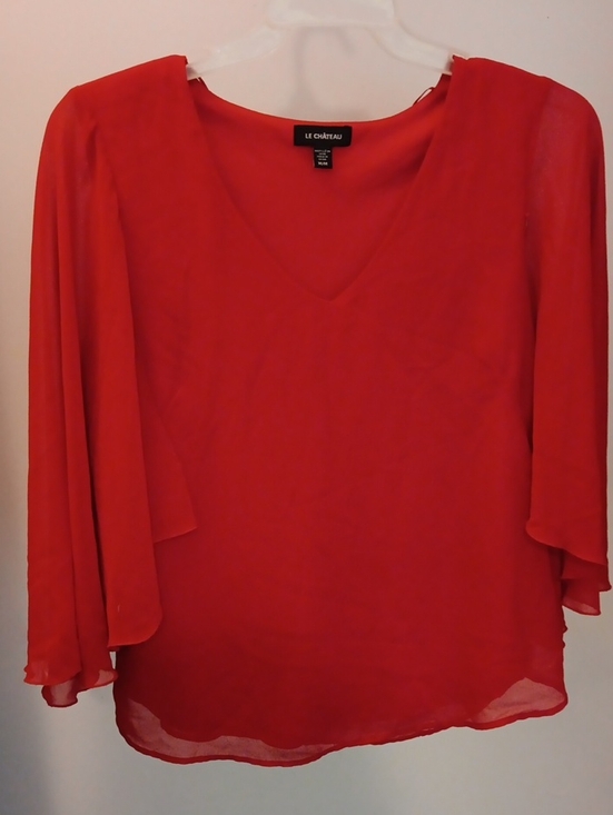 le chateau Tops - le chateau Red V-Neck Sheer Blouse with Flowing Sleeves Size M